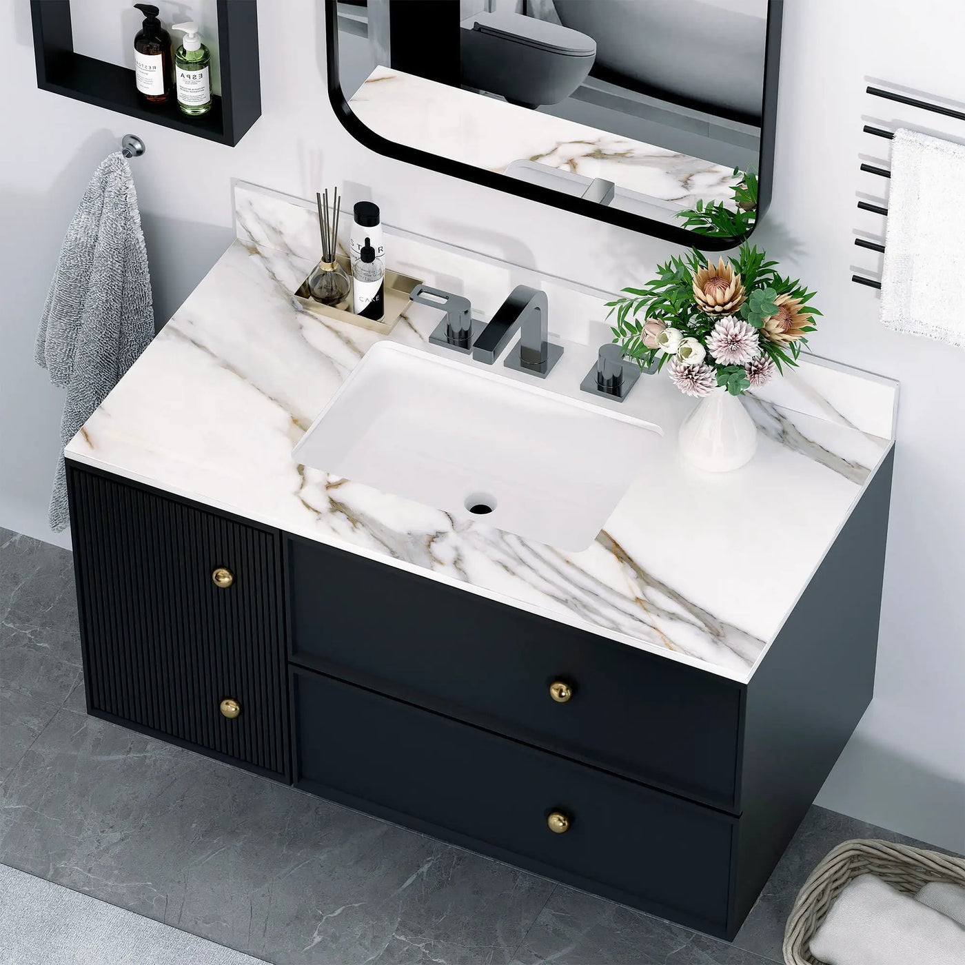 Vanity Top With Undermount Sink And Backsplash, Sintered Stone by HouseOfZazla