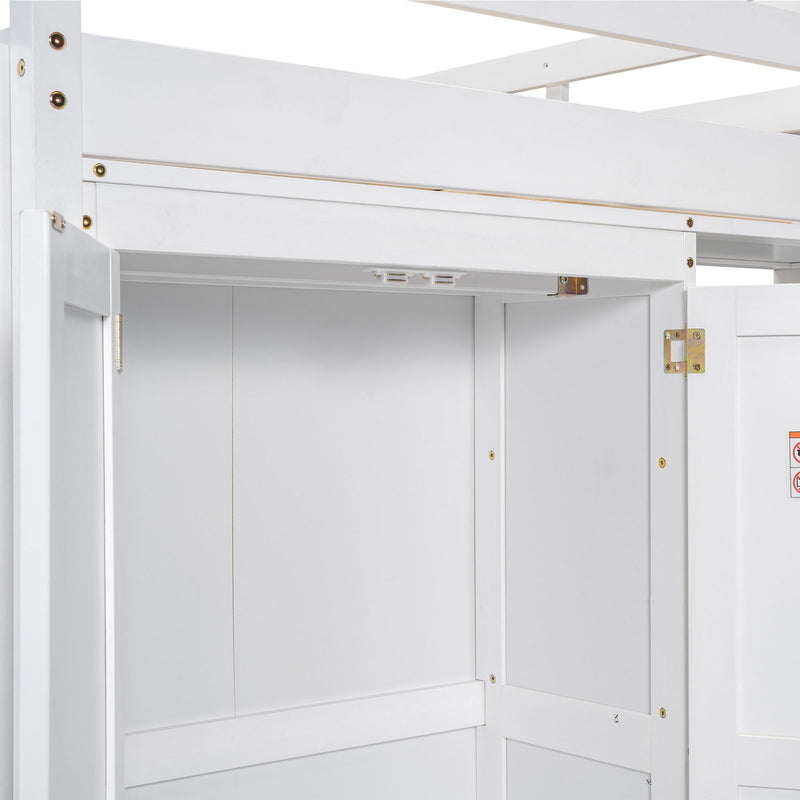 Loft Bed With Built In Wardrobe, Storage Shelves, And LED Light