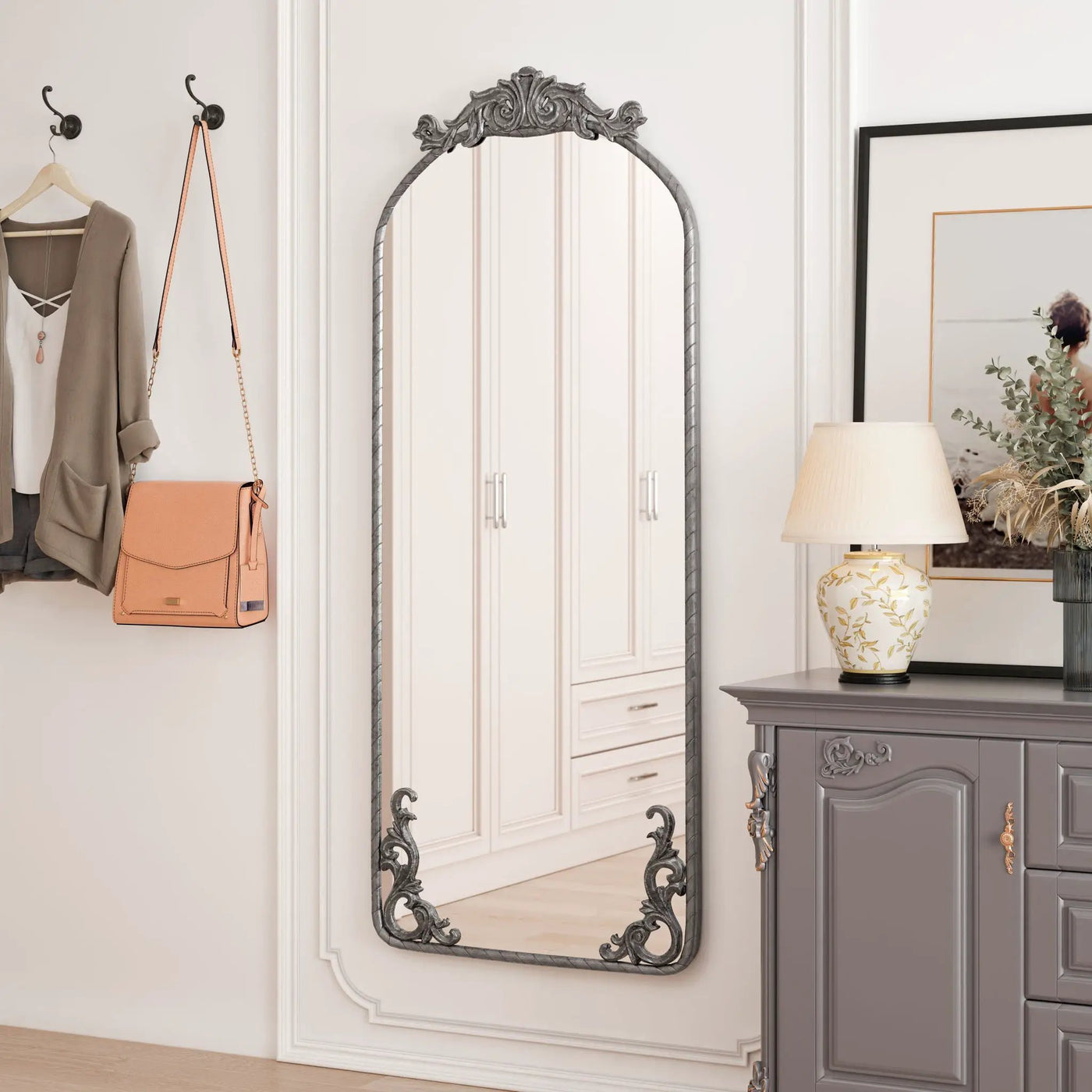 Full Body Arched Mirror With Vintage Carved Applique by HouseOfZazla