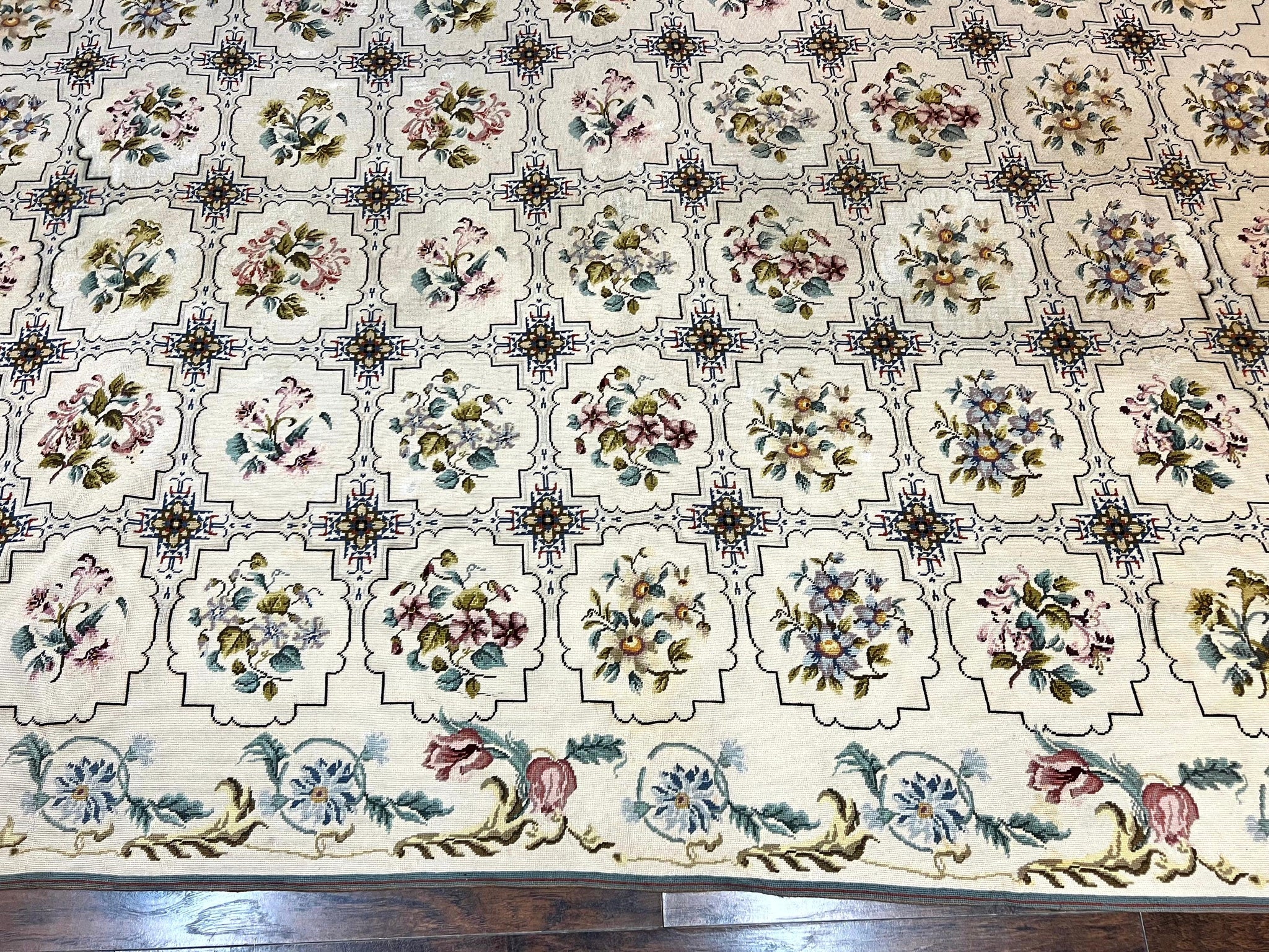 Needlepoint Rug 10x14, Wool Handmade Vintage Needlepoint Carpet, Floral Panel Design, Ivory/Cream by Jewel Rugs