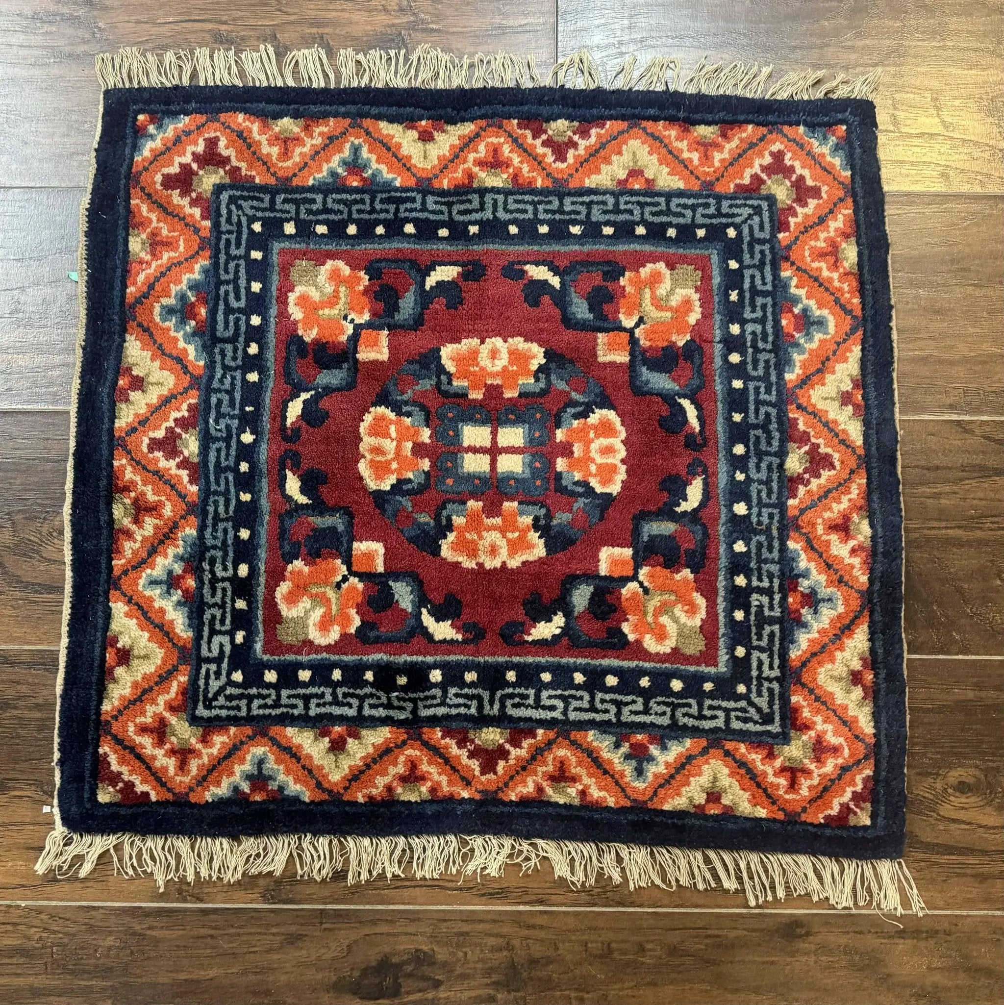 Small Antique Chinese Square Rug 2x3, Tibetan Rug, Red Orange Blue, 1920s Rug by Jewel Rugs