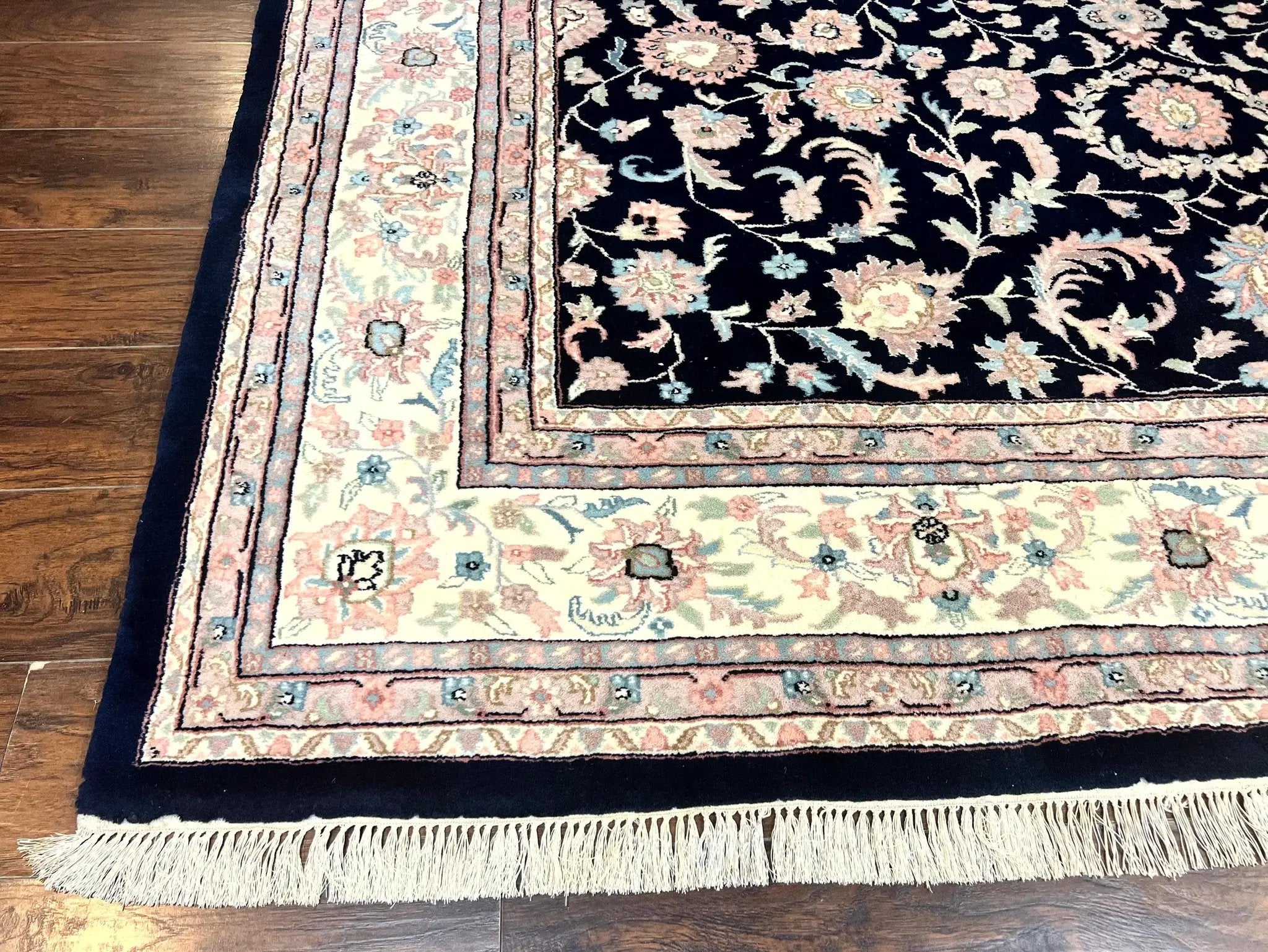 Indo Persian Rug 9x12, Navy Blue and Ivory/Cream, Floral Allover, Wool Vintage Handmade Carpet by Jewel Rugs