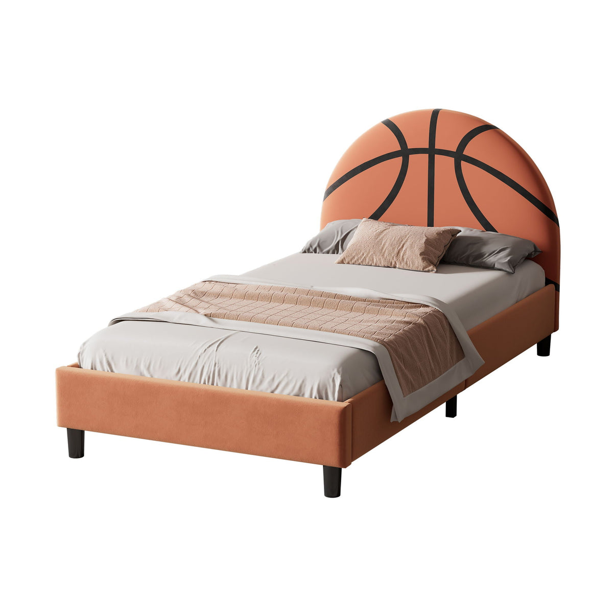 Basketball Design Upholstered Twin Platform Bed with Sport Style Headboard - Orange, photo 3 of 8