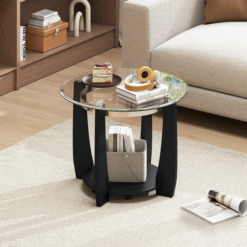 32" 2-Tier Glass Round Coffee Table with Storage Shelf by DirectDeals