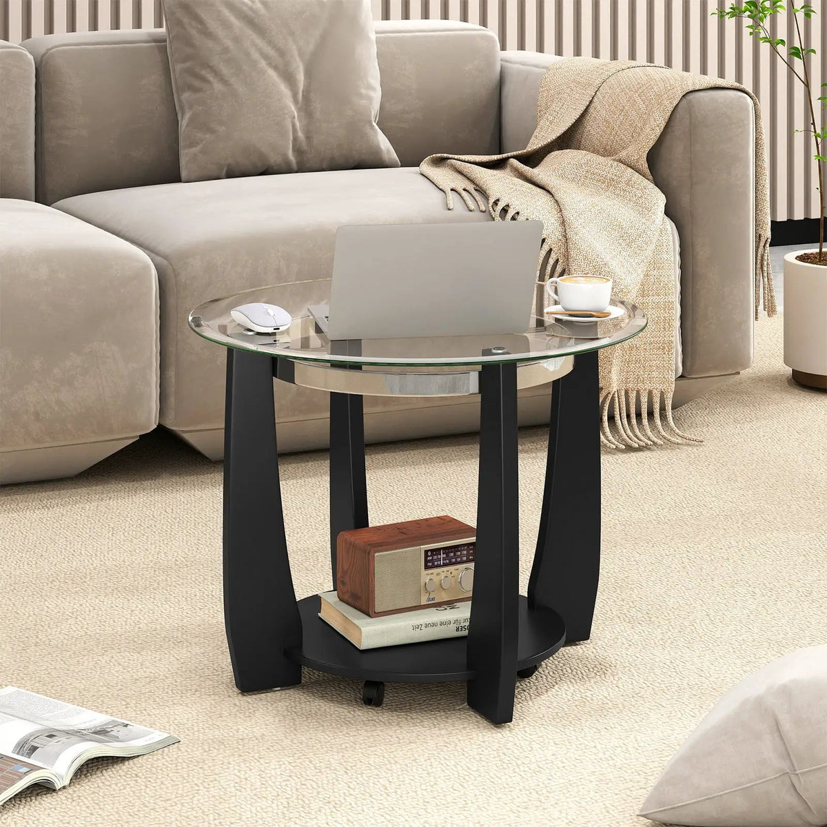 32" 2-Tier Glass Round Coffee Table with Storage Shelf by DirectDeals