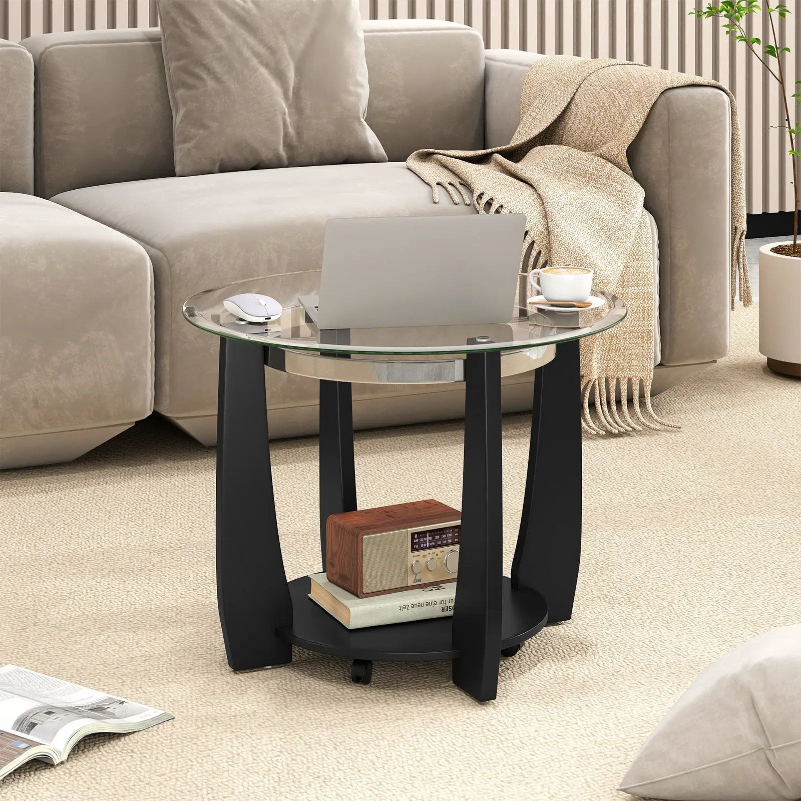 32" 2-Tier Glass Round Coffee Table with Storage Shelf by DirectDeals