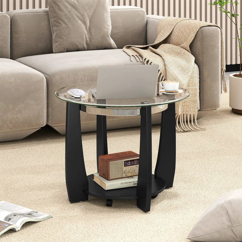 32" 2-Tier Glass Round Coffee Table with Storage Shelf by DirectDeals