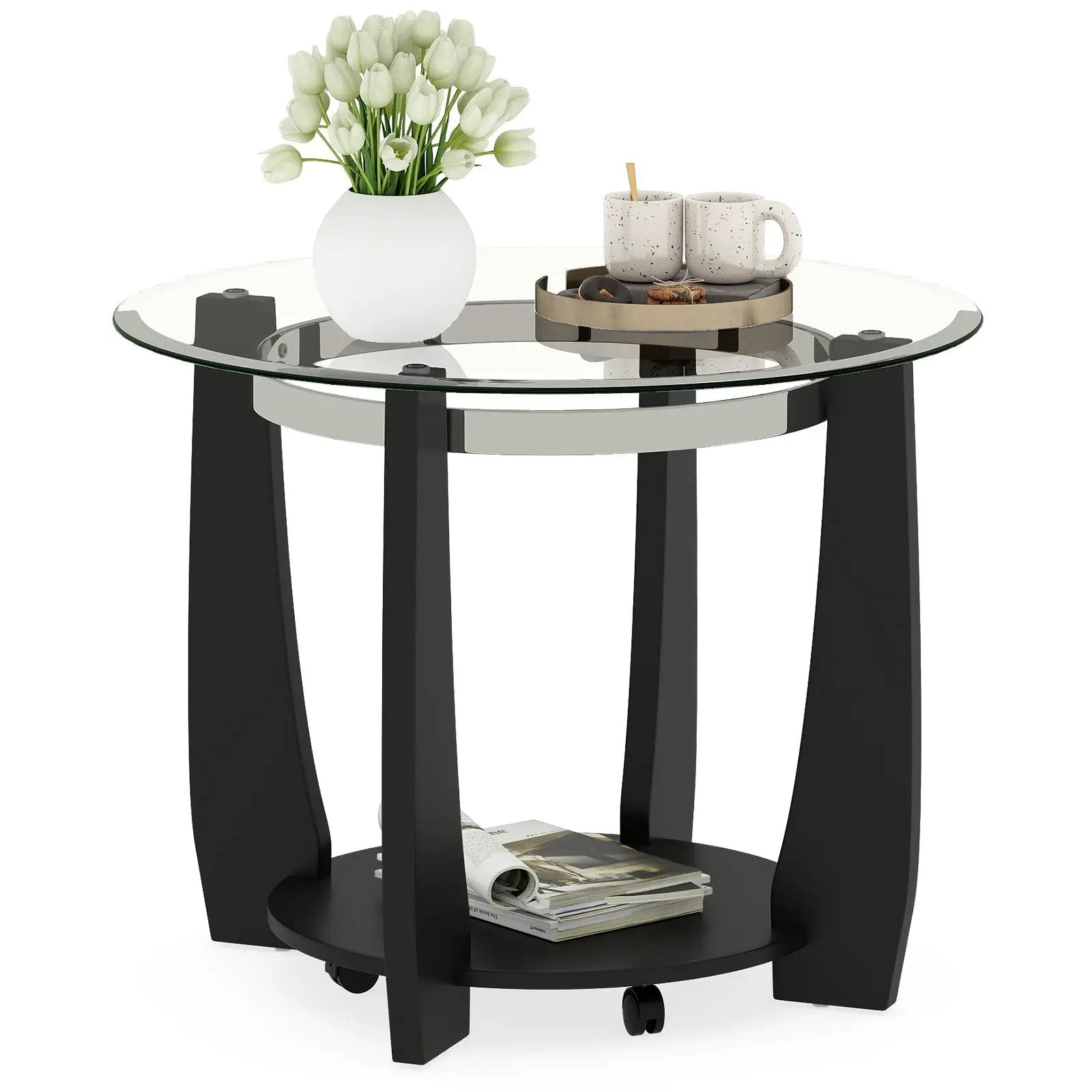 32" 2-Tier Glass Round Coffee Table with Storage Shelf by DirectDeals