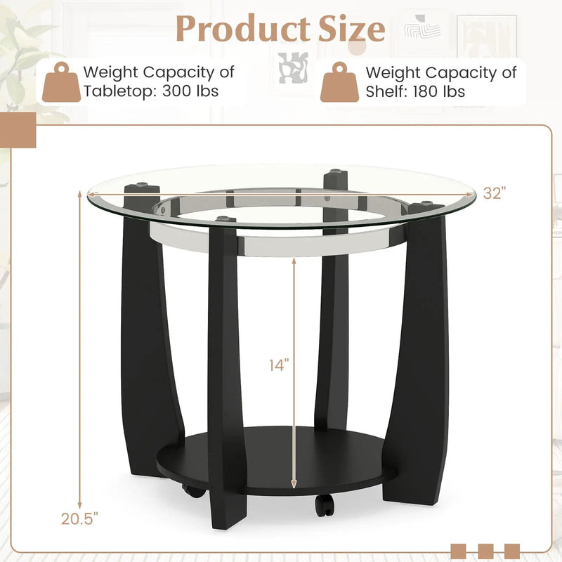 32" 2-Tier Glass Round Coffee Table with Storage Shelf by DirectDeals