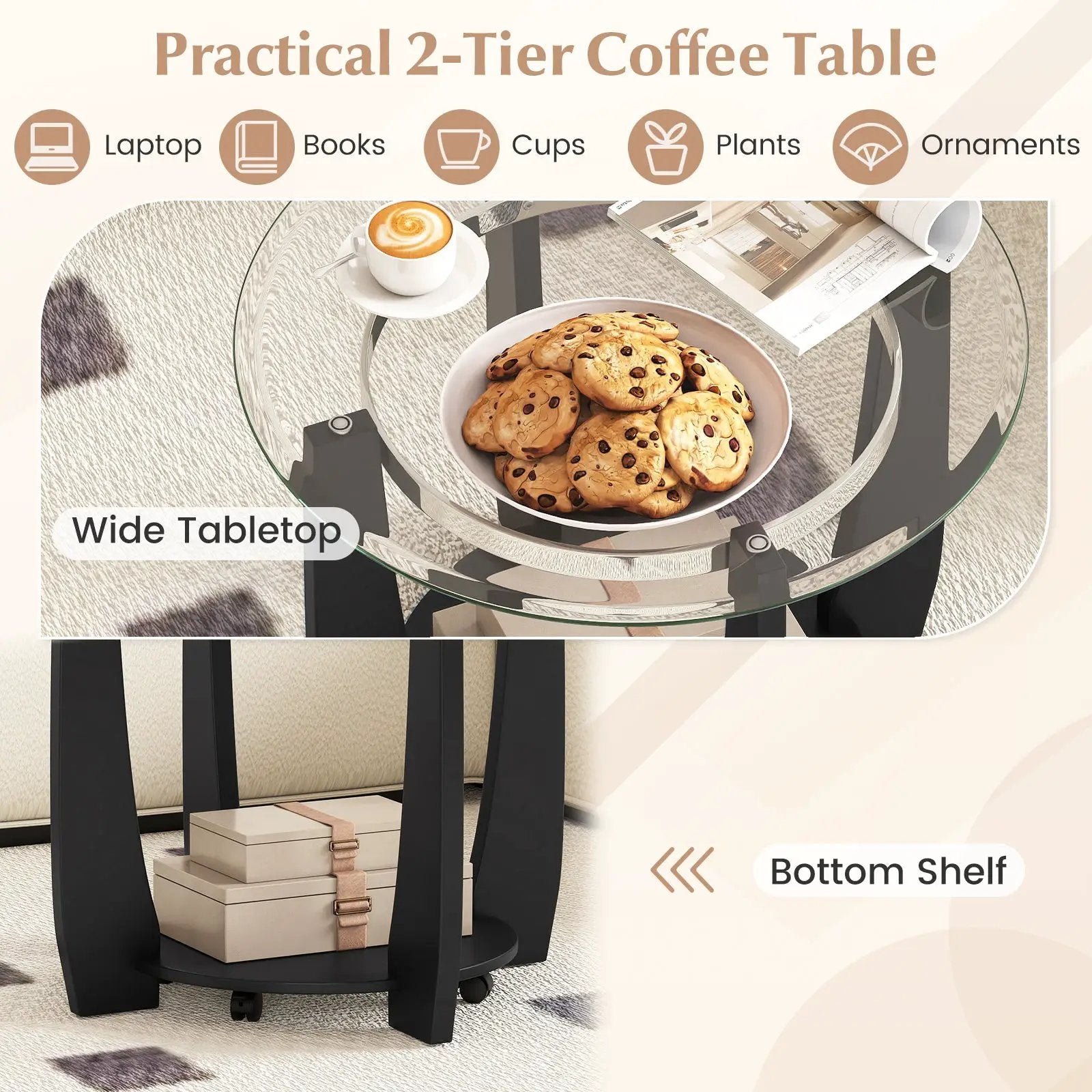 32" 2-Tier Glass Round Coffee Table with Storage Shelf by DirectDeals