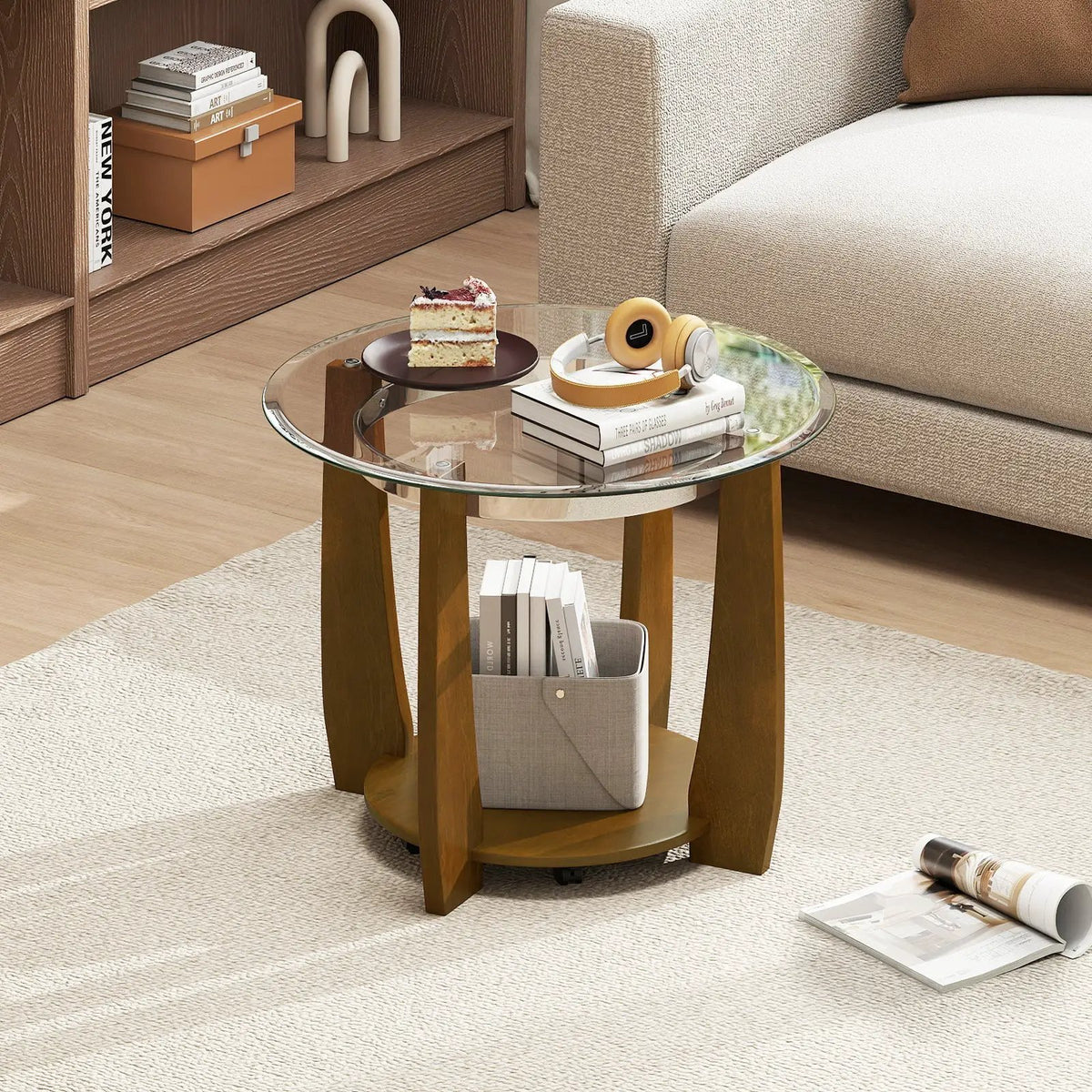 32" 2-Tier Glass Round Coffee Table with Storage Shelf by DirectDeals