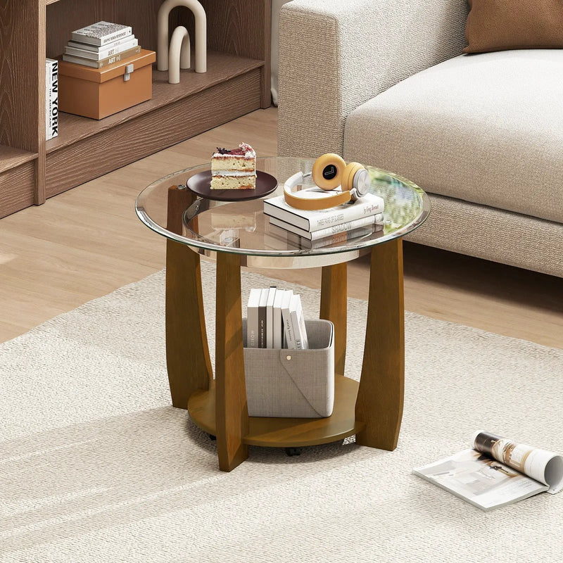 32" 2-Tier Glass Round Coffee Table with Storage Shelf by DirectDeals