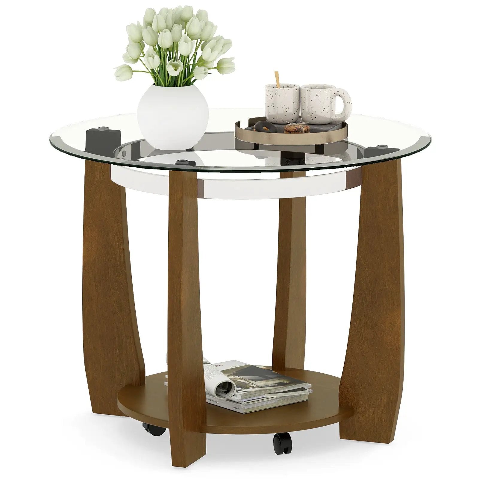 32" 2-Tier Glass Round Coffee Table with Storage Shelf by DirectDeals