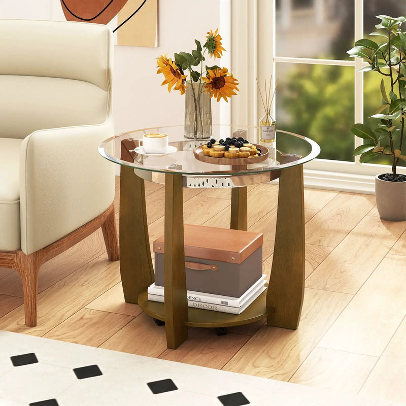 32" 2-Tier Glass Round Coffee Table with Storage Shelf by DirectDeals