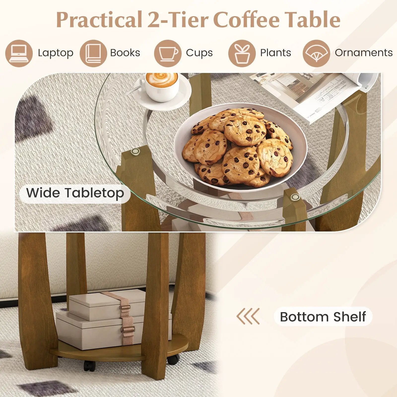 32" 2-Tier Glass Round Coffee Table with Storage Shelf by DirectDeals