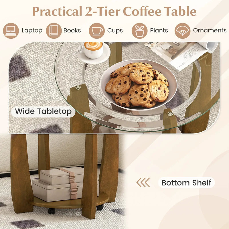 32" 2-Tier Glass Round Coffee Table with Storage Shelf by DirectDeals