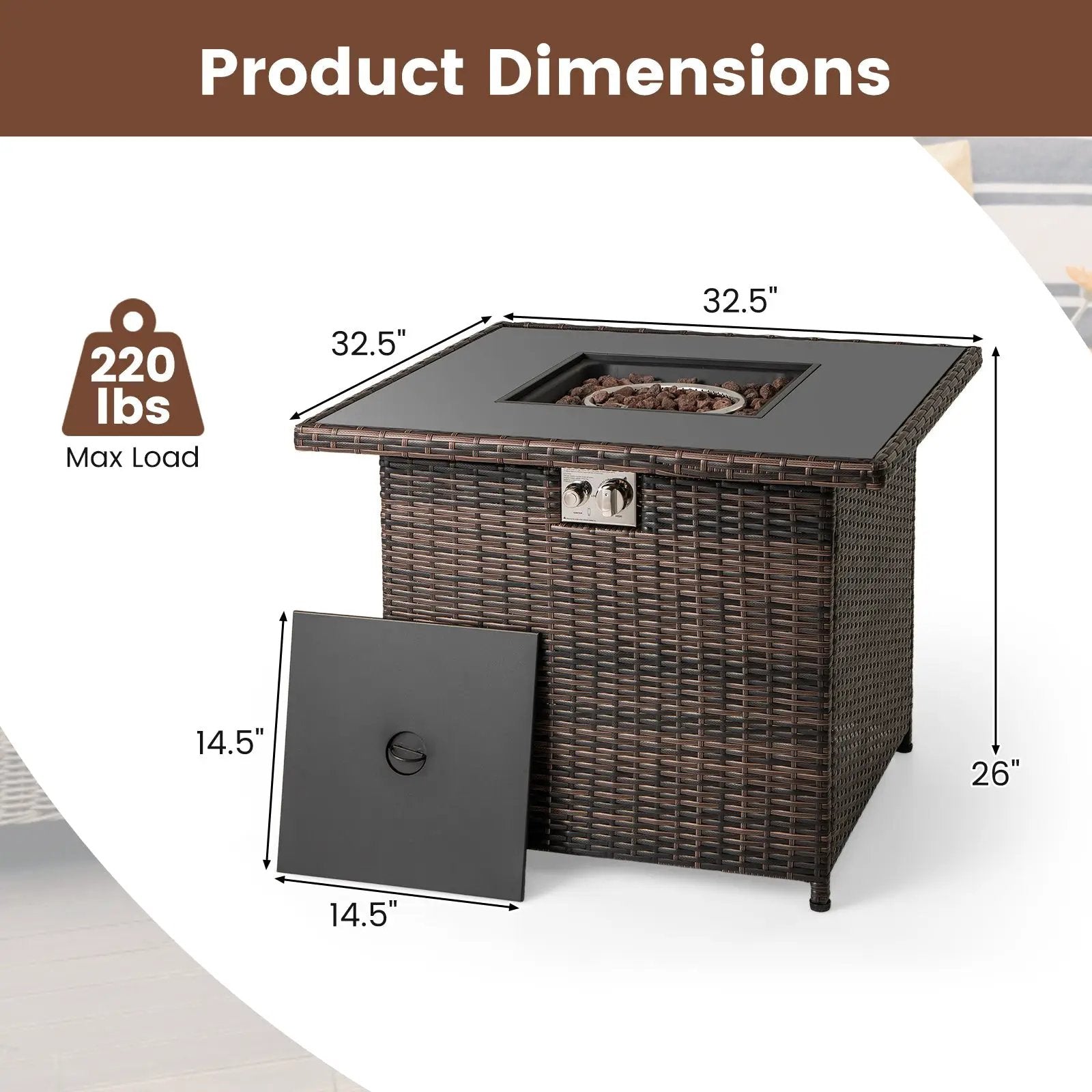 32.5 Inch Propane Fire Pit Table 5000 BTU with Tempered Glass Tabletop by DirectDeals