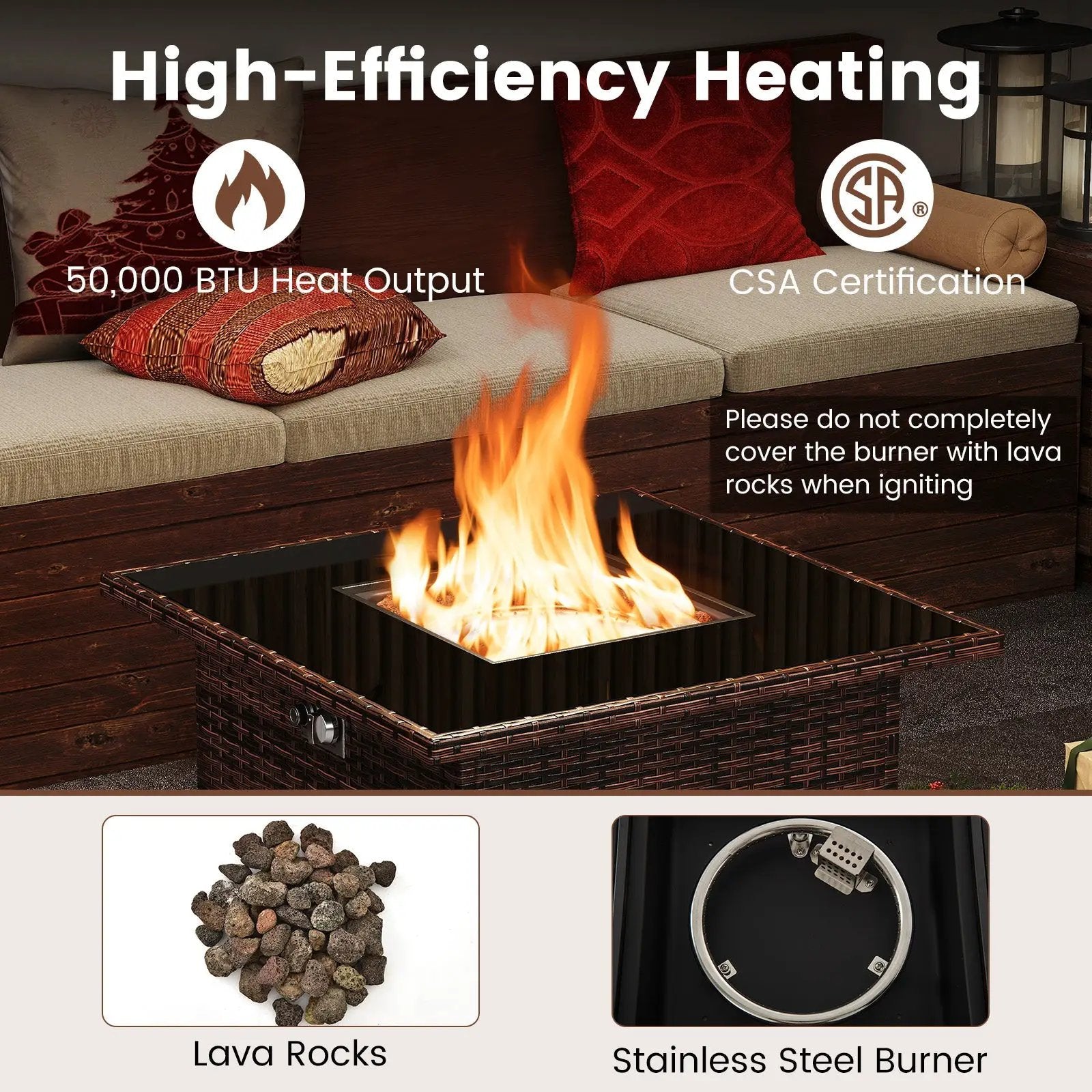 32.5 Inch Propane Fire Pit Table 5000 BTU with Tempered Glass Tabletop by DirectDeals
