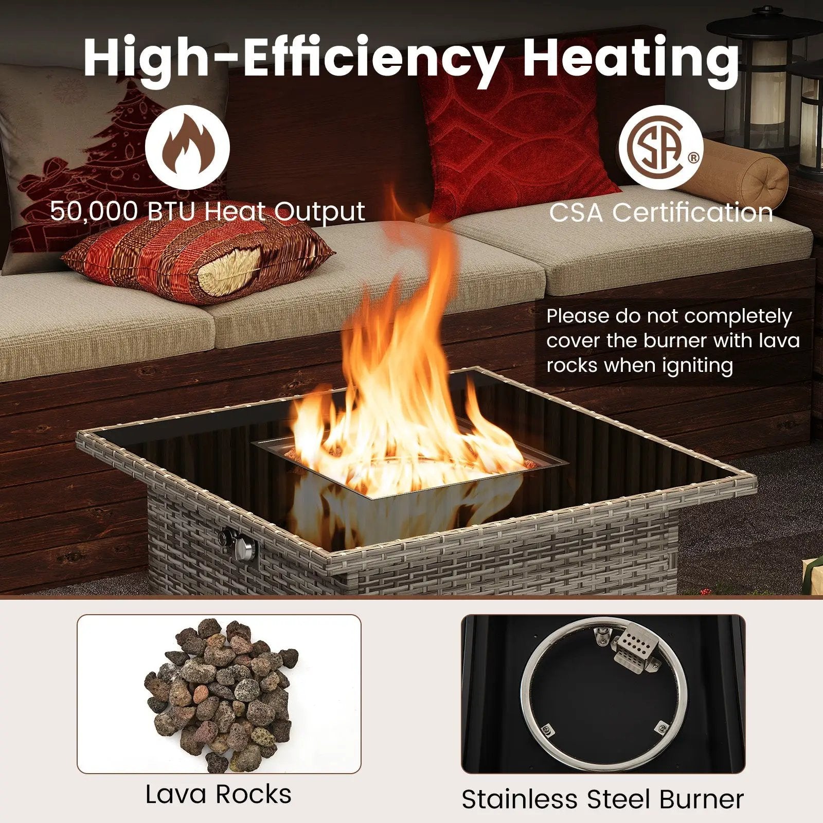 32.5 Inch Propane Fire Pit Table 5000 BTU with Tempered Glass Tabletop by DirectDeals