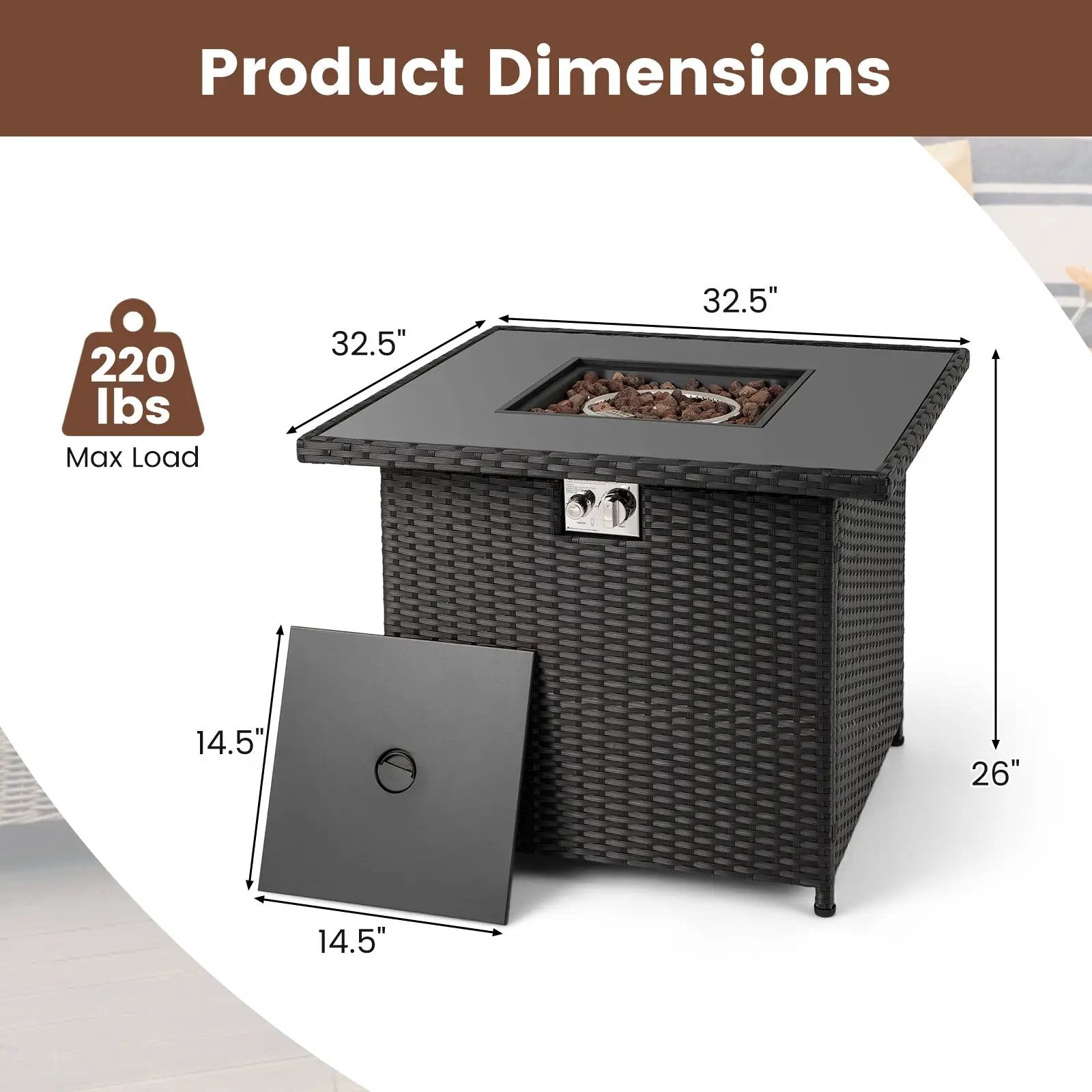 32.5 Inch Propane Fire Pit Table 5000 BTU with Tempered Glass Tabletop by DirectDeals