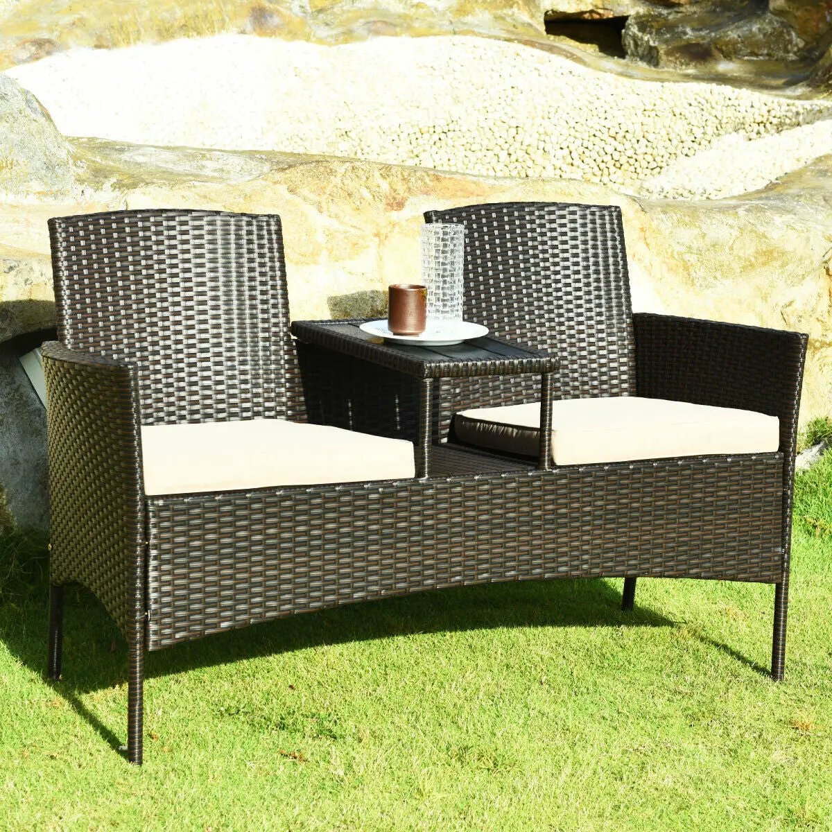 Modern Patio Conversation Set with Built-in Coffee Table and Cushions by DirectDeals