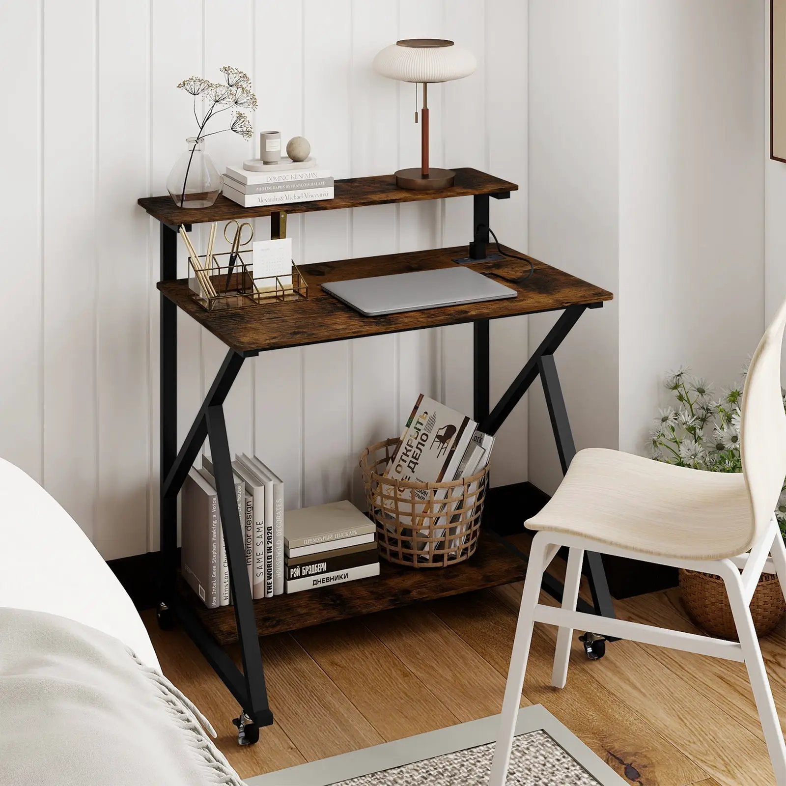 32 Inch Rolling Computer Desk for Small Spaces with Power Outlets by DirectDeals