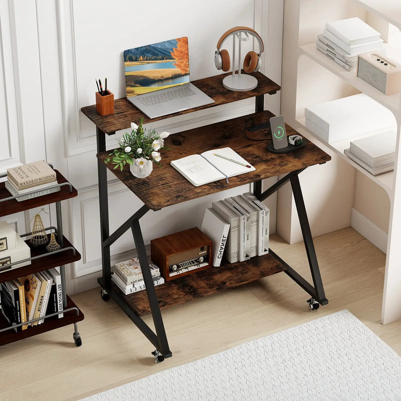 32 Inch Rolling Computer Desk for Small Spaces with Power Outlets by DirectDeals