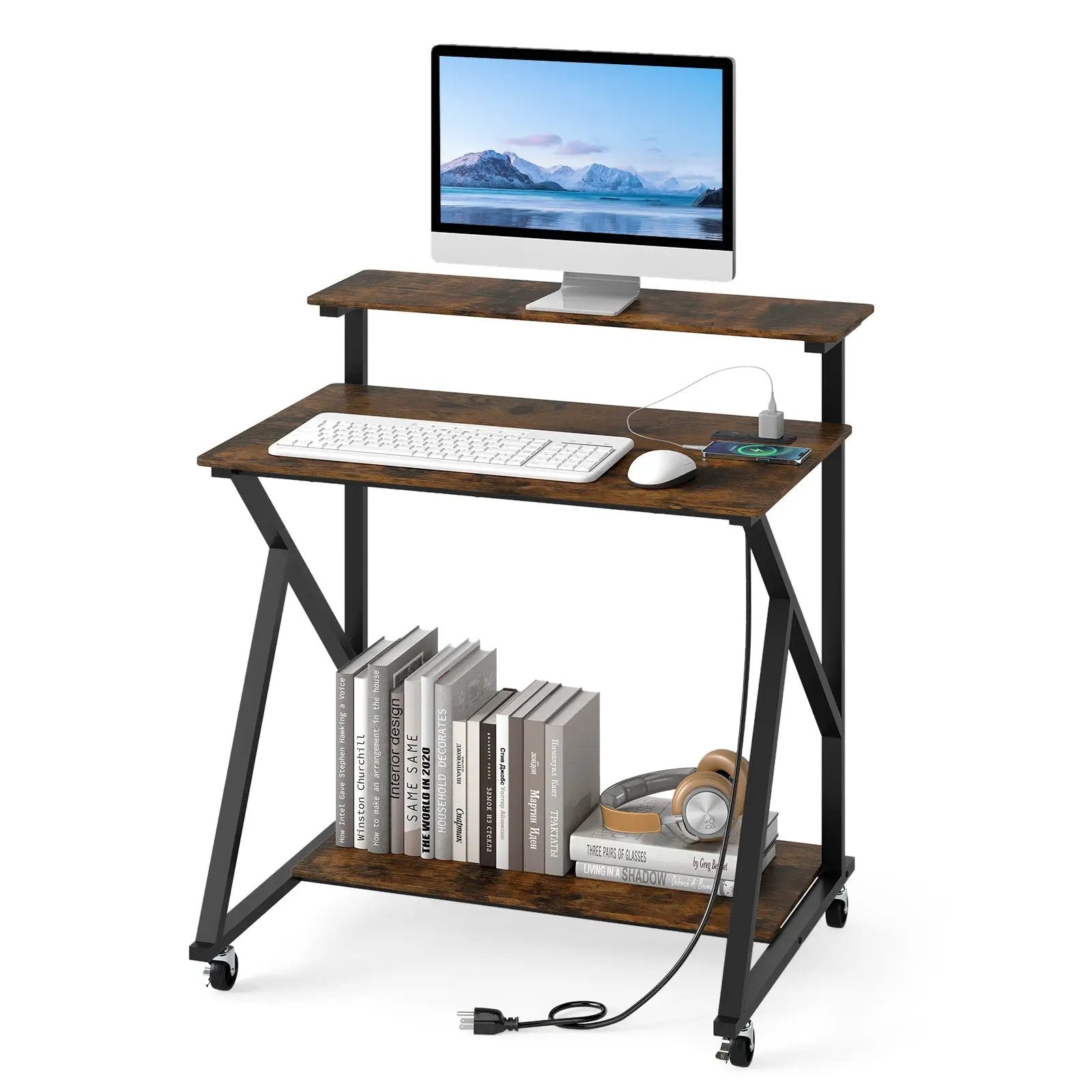 32 Inch Rolling Computer Desk for Small Spaces with Power Outlets by DirectDeals