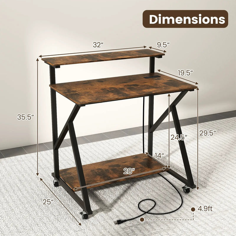 32 Inch Rolling Computer Desk for Small Spaces with Power Outlets by DirectDeals