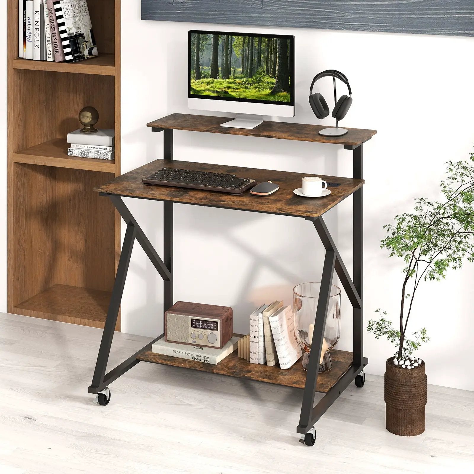 32 Inch Rolling Computer Desk for Small Spaces with Power Outlets by DirectDeals