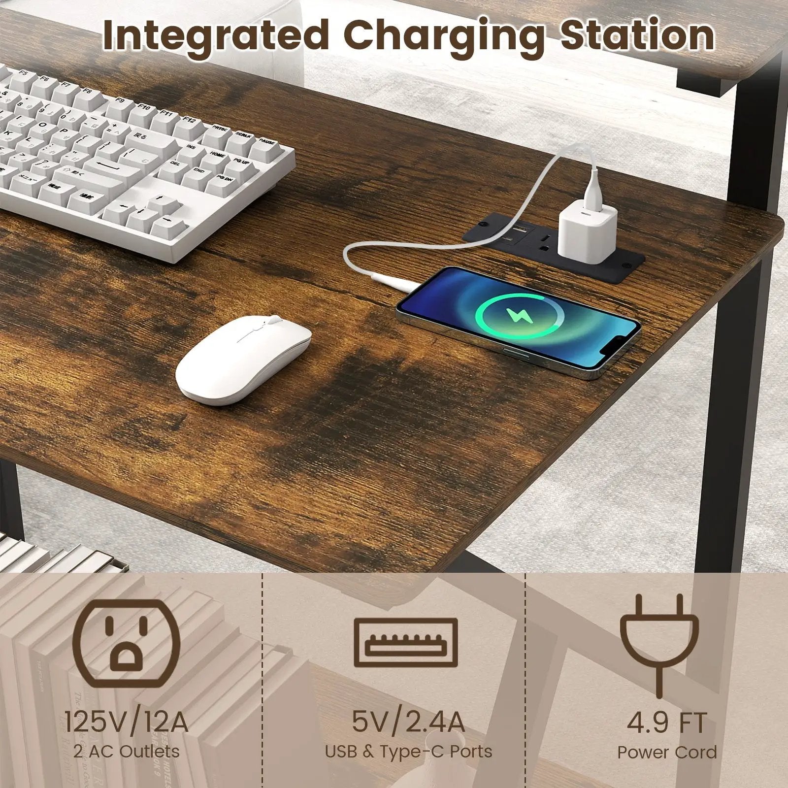 32 Inch Rolling Computer Desk for Small Spaces with Power Outlets by DirectDeals
