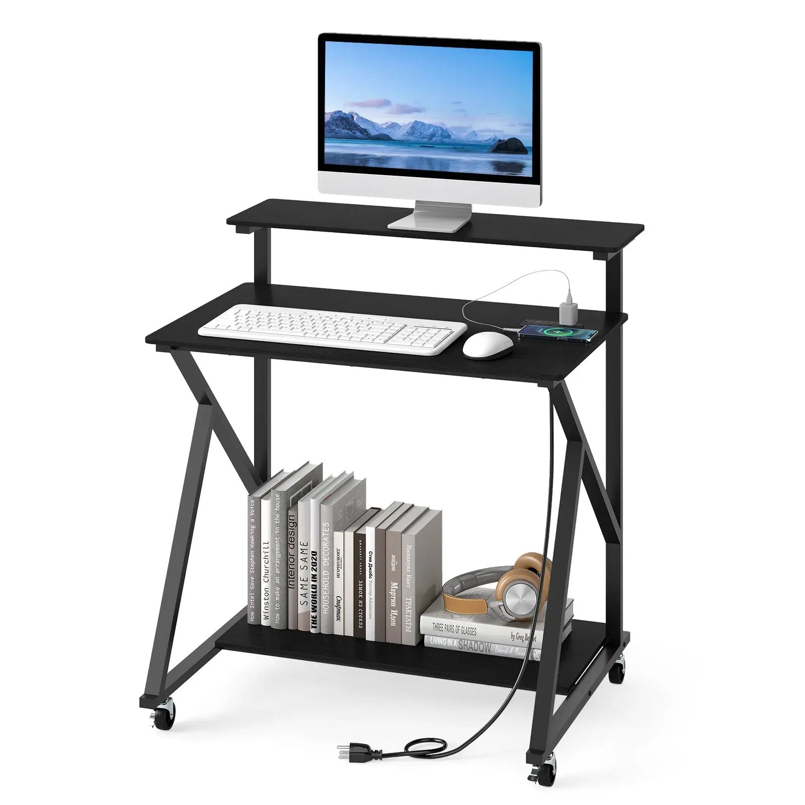 32 Inch Rolling Computer Desk for Small Spaces with Power Outlets by DirectDeals