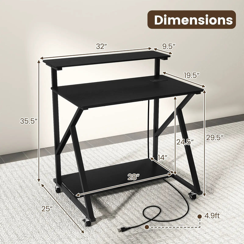 32 Inch Rolling Computer Desk for Small Spaces with Power Outlets by DirectDeals