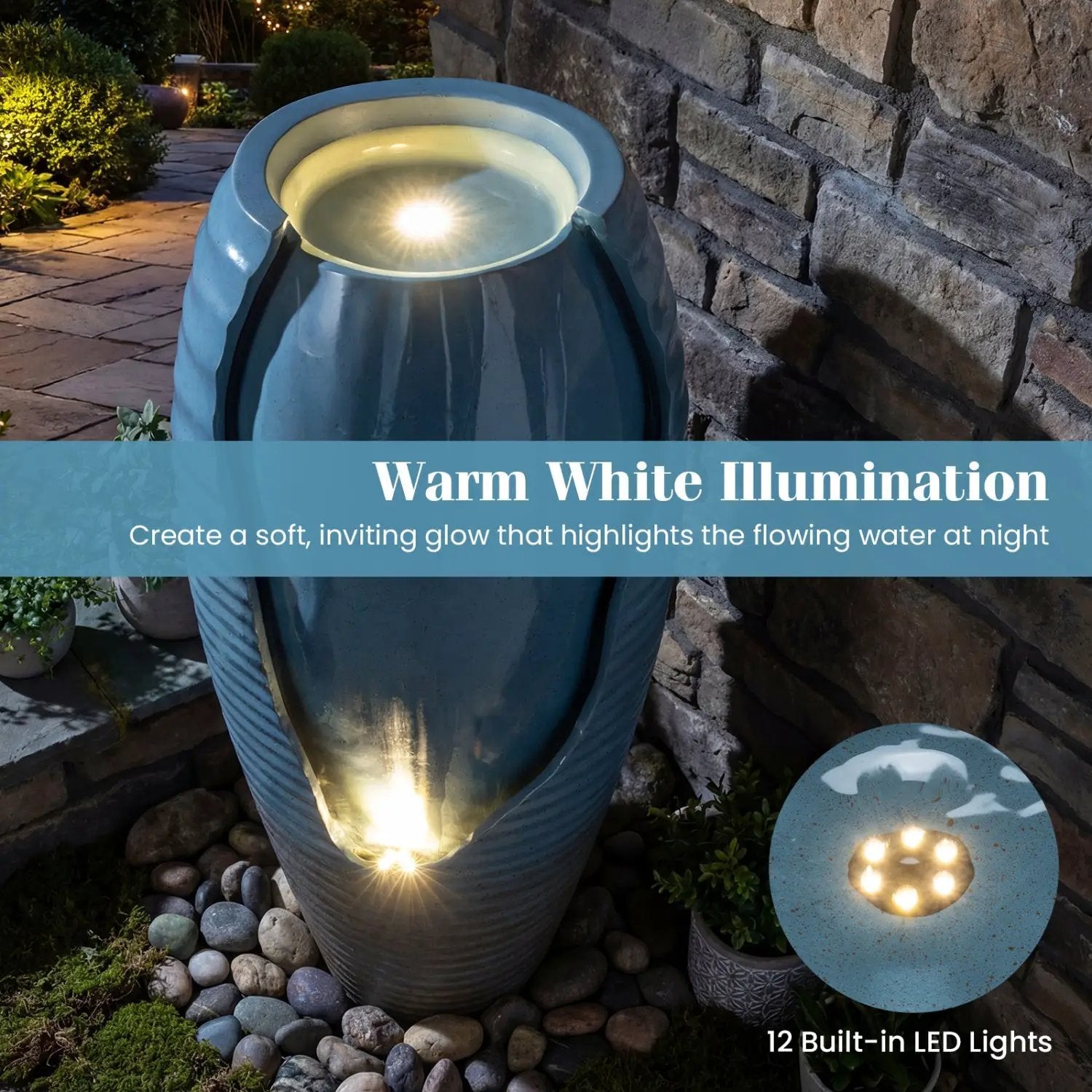 32 Inch Tall Jar Water Fountain with LED Lights and Pump Vintage Ceramic by DirectDeals