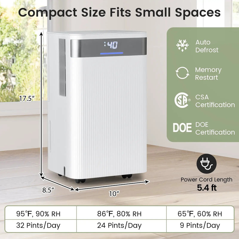 32 Pints 2000 Sq.ft Quiet Dehumidifier for Home with 3 Modes-White by DirectDeals