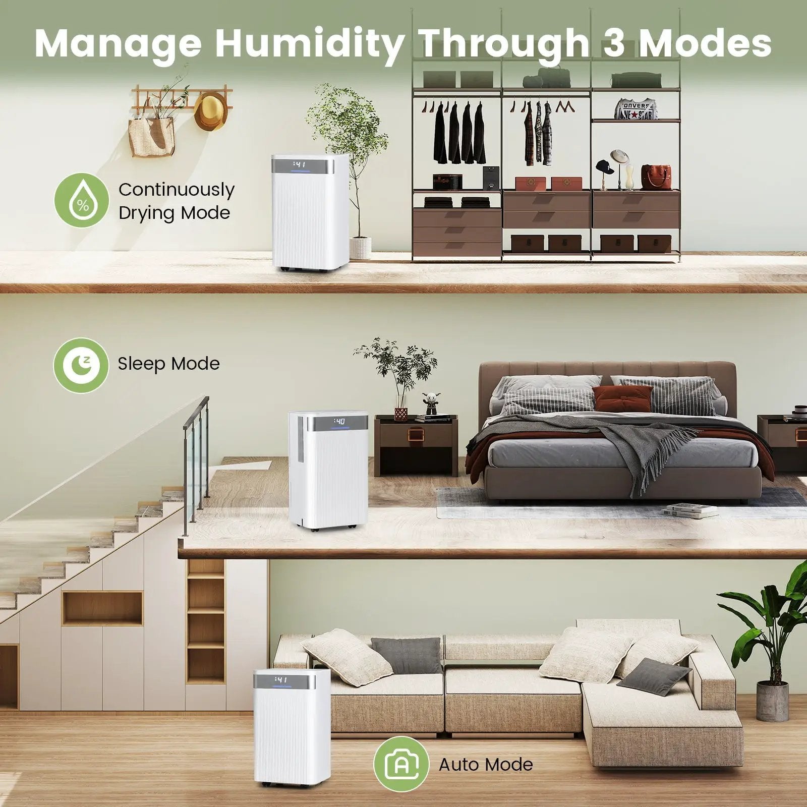 32 Pints 2000 Sq.ft Quiet Dehumidifier for Home with 3 Modes-White by DirectDeals