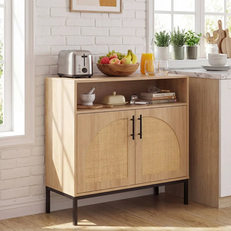 32" Sideboard Buffet Cabinet with 2 Natural Rattan Decorated Doors and Adjustable Shelf by DirectDeals