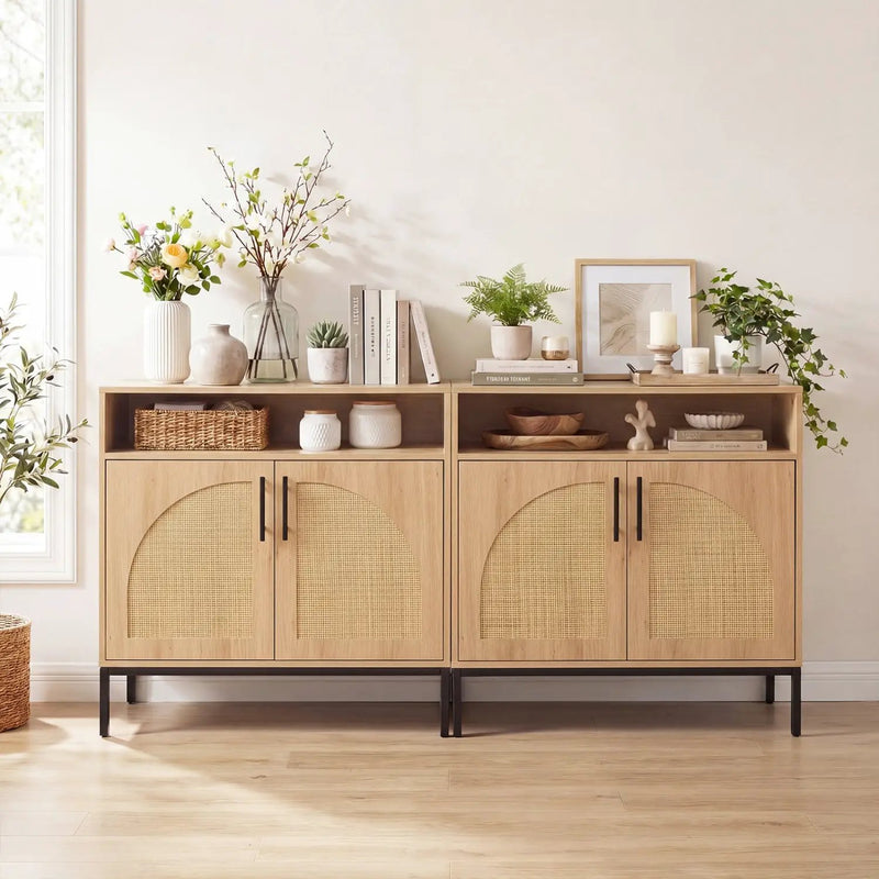 32" Sideboard Buffet Cabinet with 2 Natural Rattan Decorated Doors and Adjustable Shelf by DirectDeals