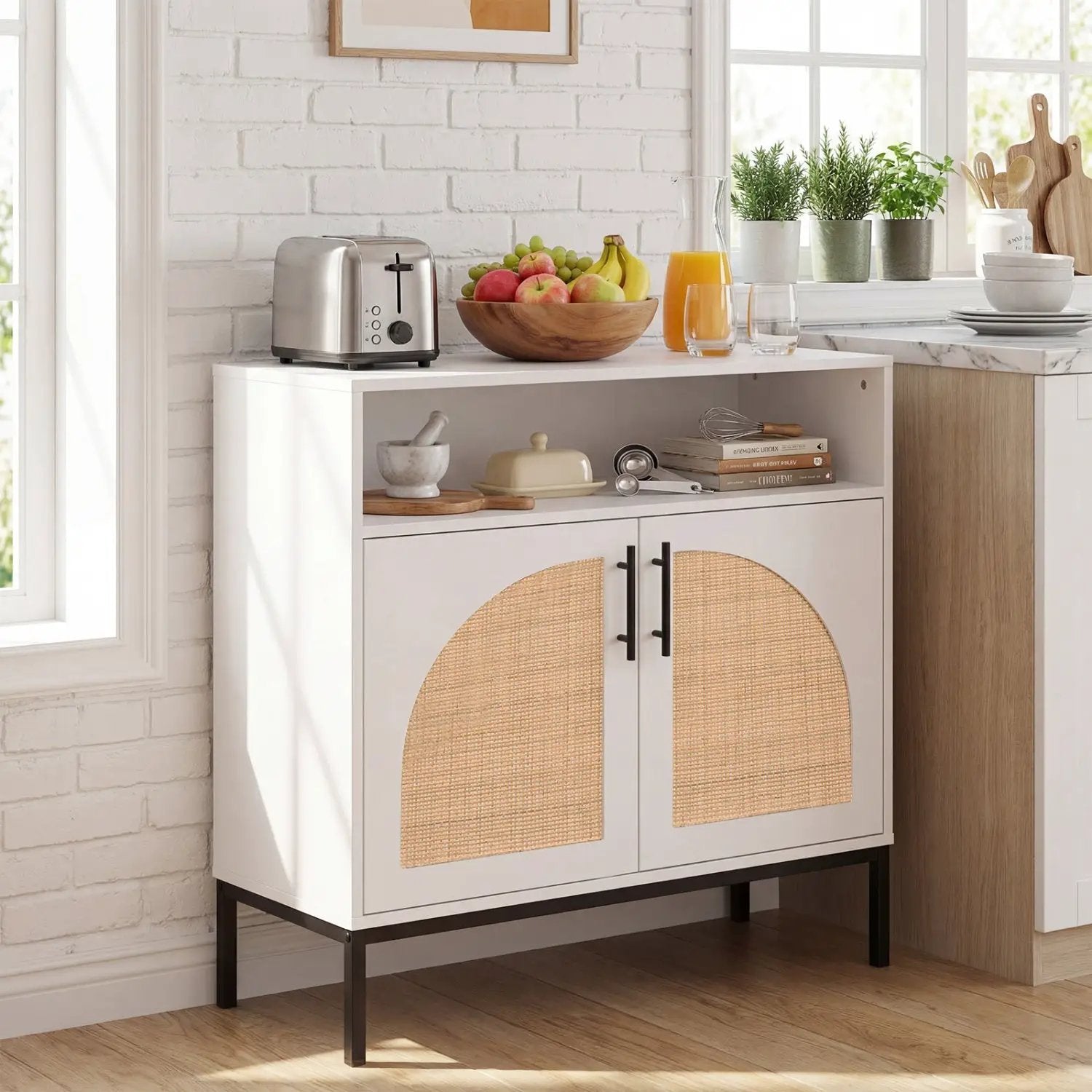 32" Sideboard Buffet Cabinet with 2 Natural Rattan Decorated Doors and Adjustable Shelf by DirectDeals