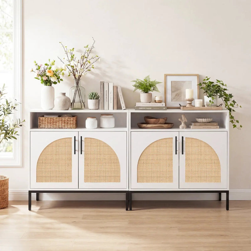 32" Sideboard Buffet Cabinet with 2 Natural Rattan Decorated Doors and Adjustable Shelf by DirectDeals