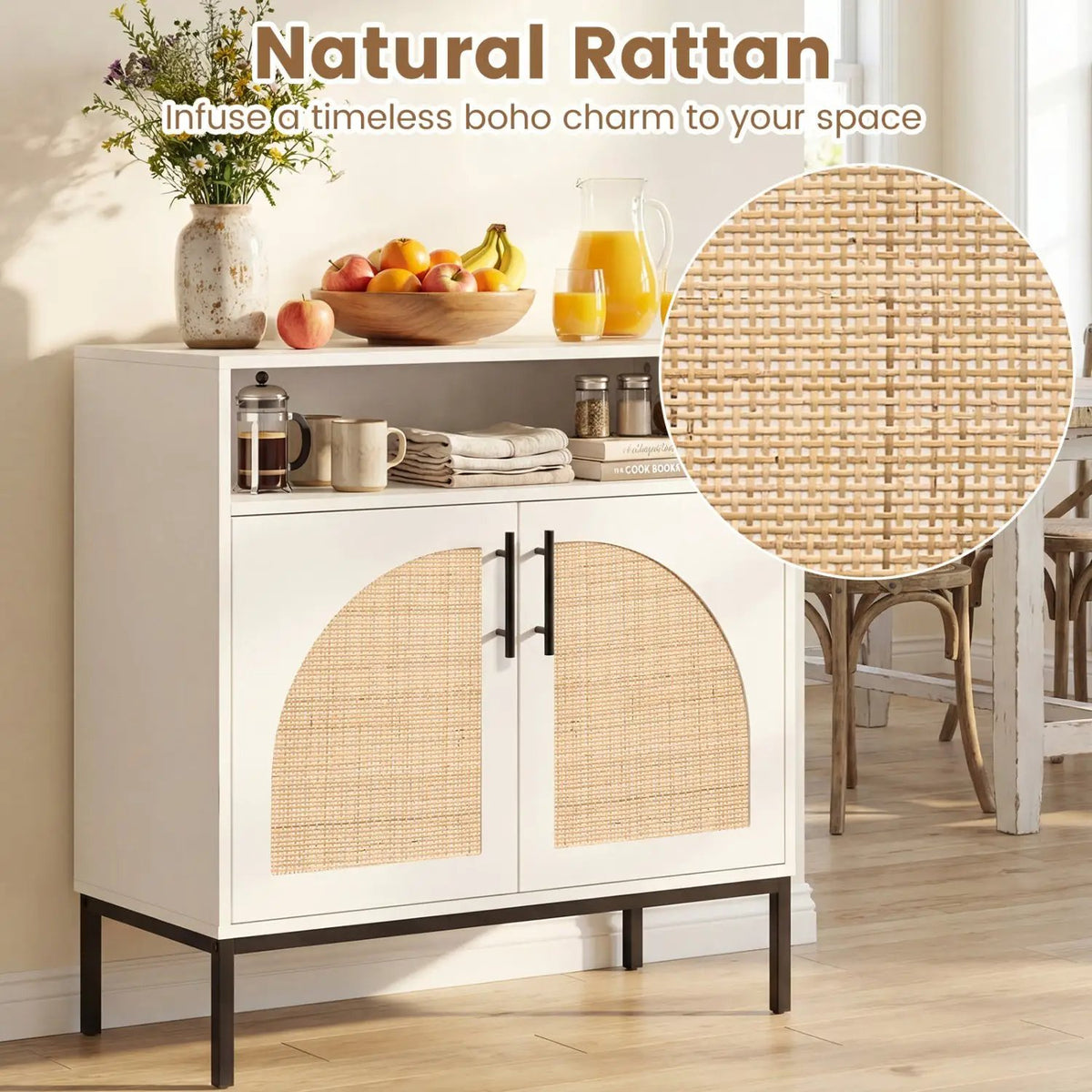 32" Sideboard Buffet Cabinet with 2 Natural Rattan Decorated Doors and Adjustable Shelf by DirectDeals