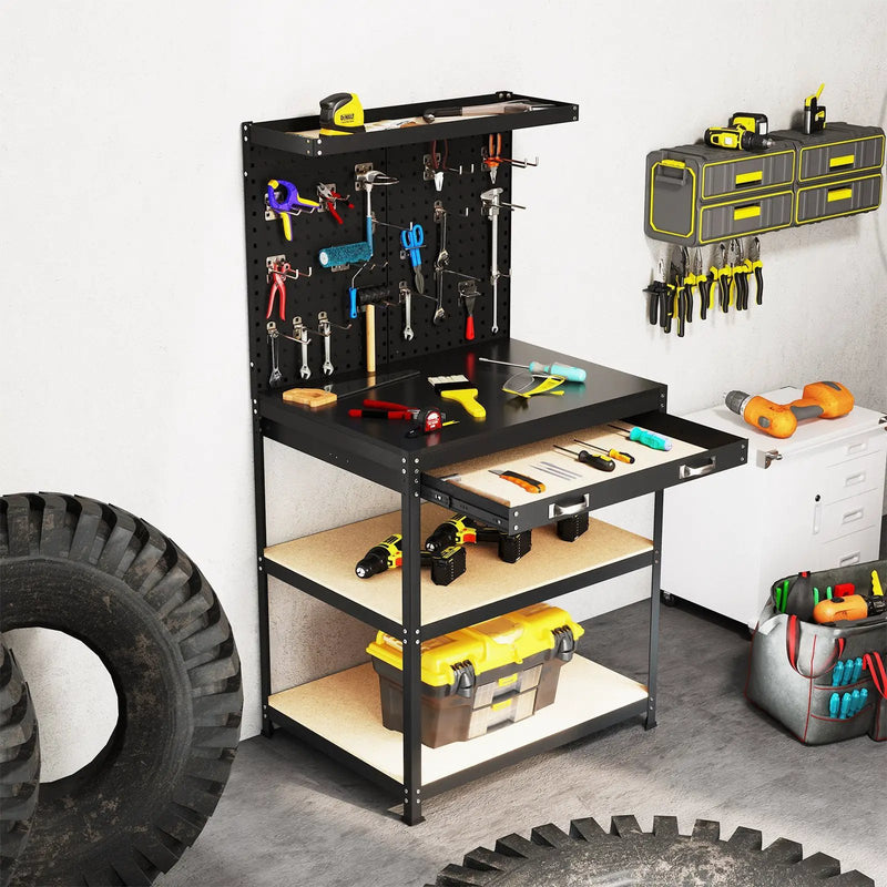 32 x 16 Inch Workbench Work Table with 2 PCs Pegboard Drawer and Shelves by DirectDeals