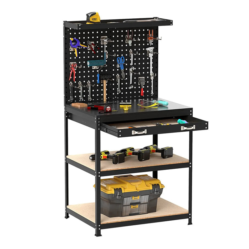 32 x 16 Inch Workbench Work Table with 2 PCs Pegboard Drawer and Shelves by DirectDeals