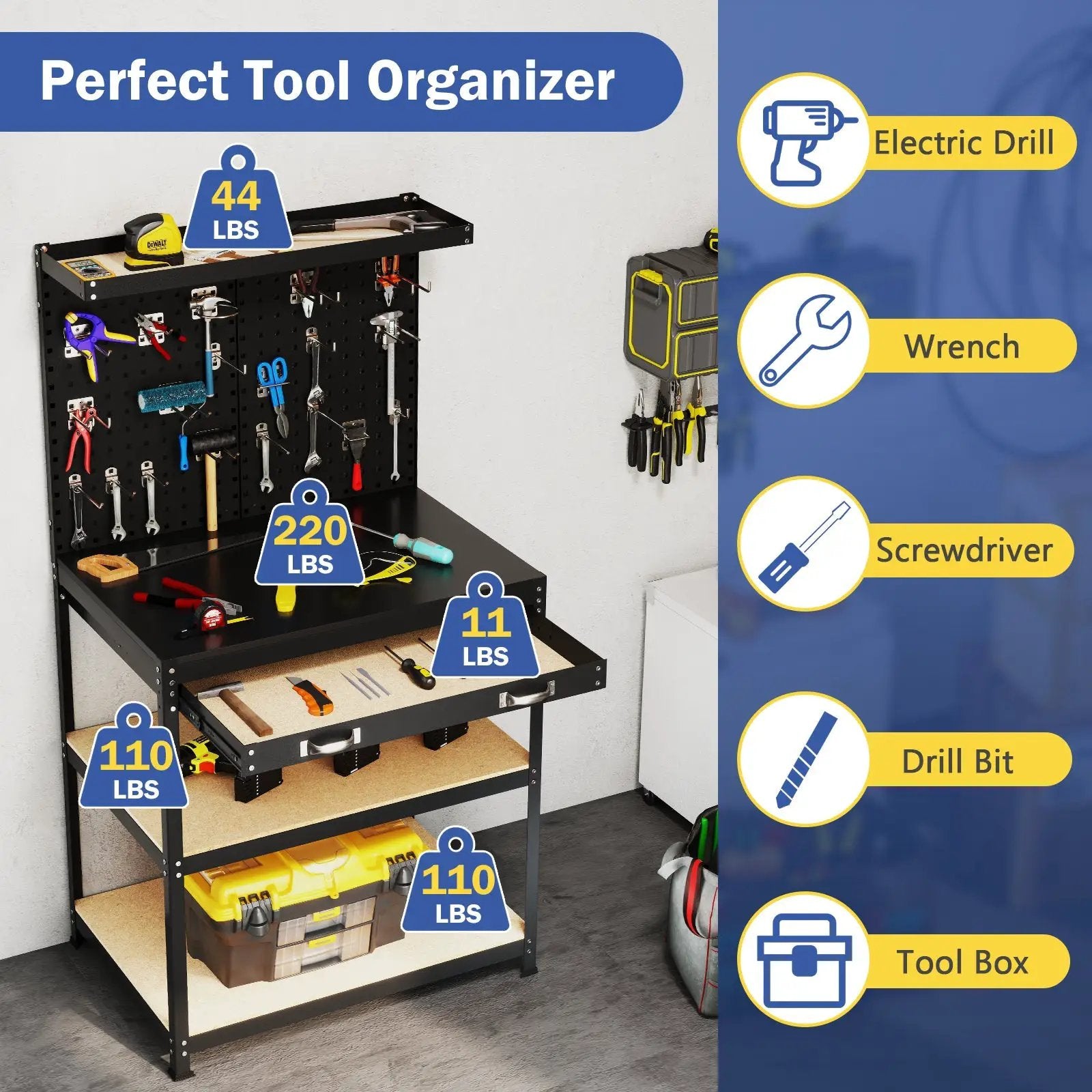 32 x 16 Inch Workbench Work Table with 2 PCs Pegboard Drawer and Shelves by DirectDeals