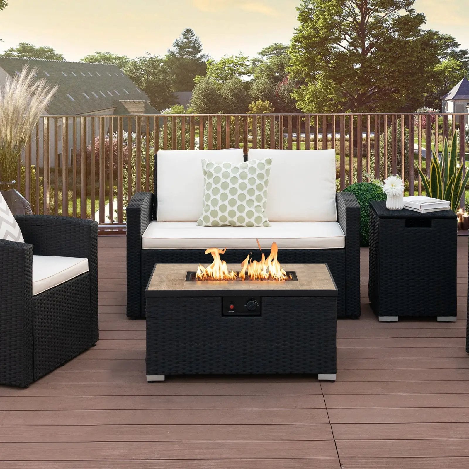 32 x 20 Inch Propane Rattan Fire Pit Table Set with Side Table Tank and Cover by DirectDeals