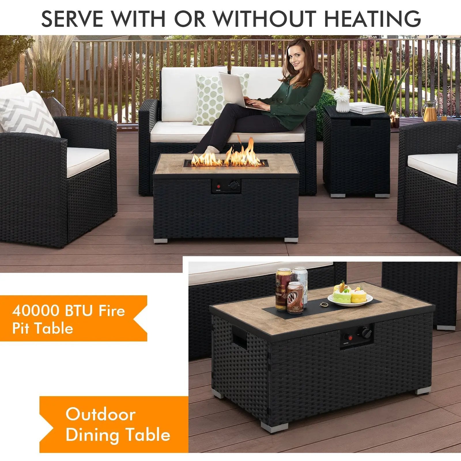32 x 20 Inch Propane Rattan Fire Pit Table Set with Side Table Tank and Cover by DirectDeals