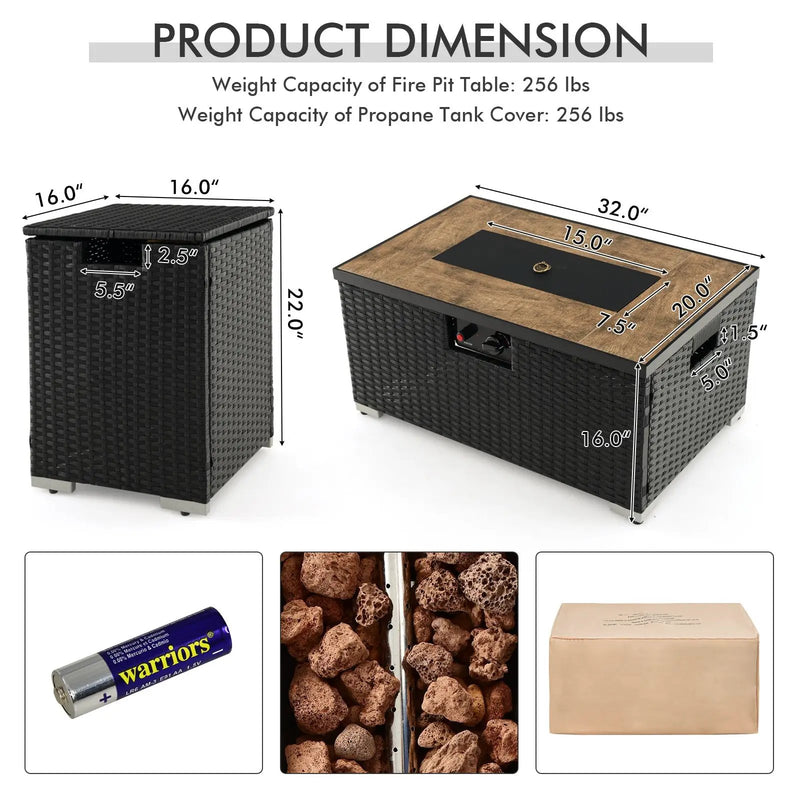 32 x 20 Inch Propane Rattan Fire Pit Table Set with Side Table Tank and Cover by DirectDeals