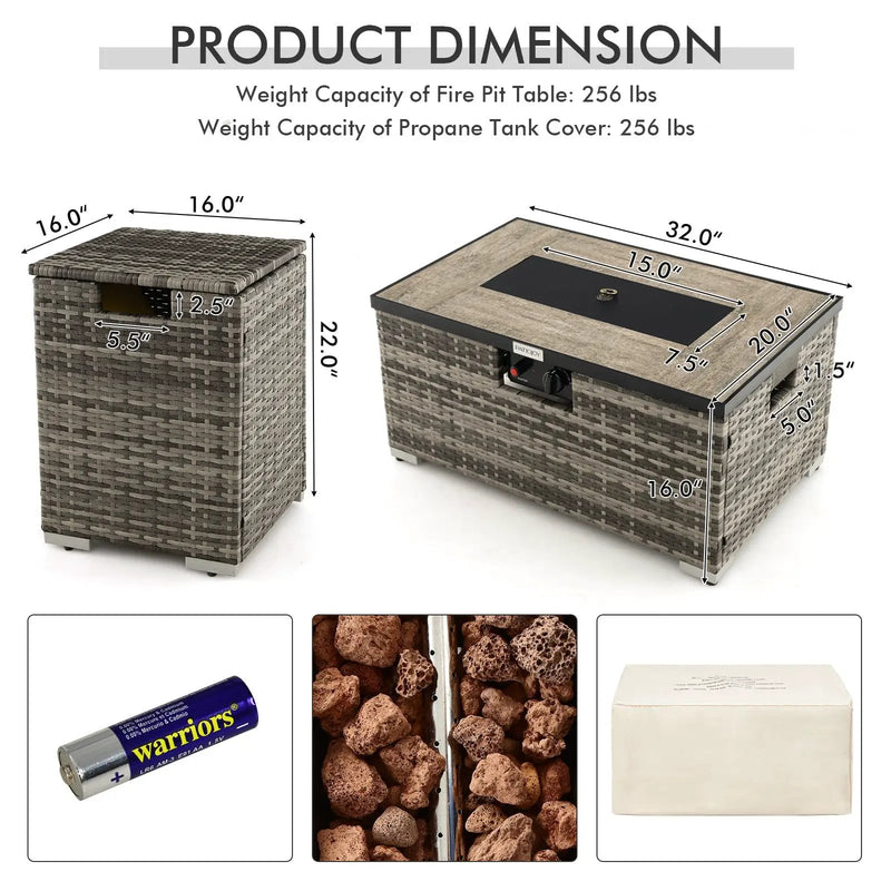 32 x 20 Inch Propane Rattan Fire Pit Table Set with Side Table Tank and Cover by DirectDeals