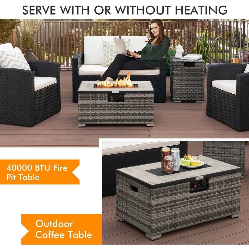 32 x 20 Inch Propane Rattan Fire Pit Table Set with Side Table Tank and Cover by DirectDeals