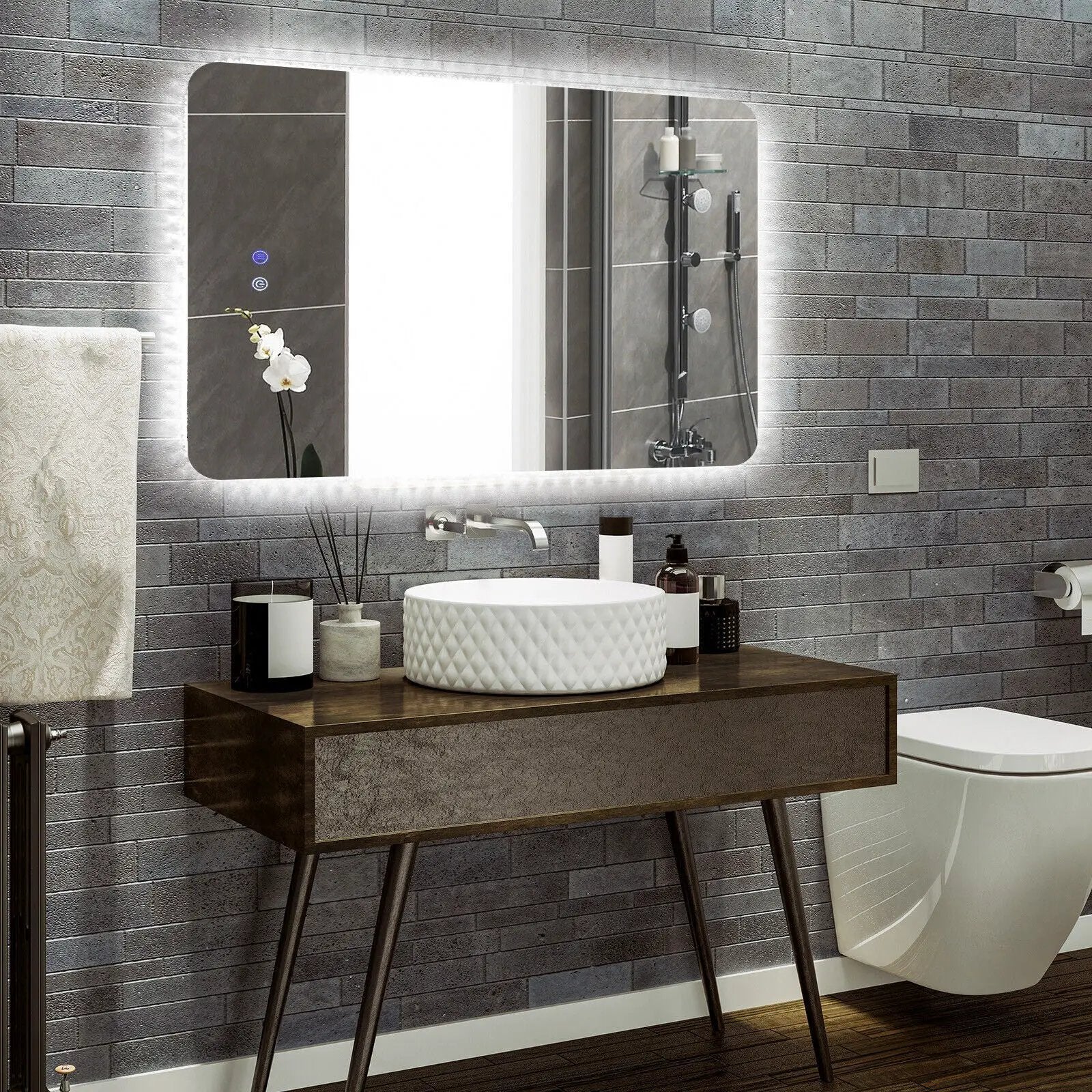 32 x 24 Inch Shatterproof Wall Mirror with 3-Color Lights and Anti-Fog Function by DirectDeals